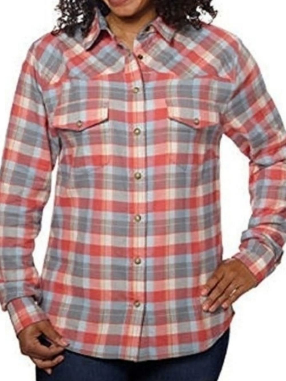 JACHS Girlfriend Bea Coral & Gray Plaid‎ Flannel Western Snap Down Shirt  Medium